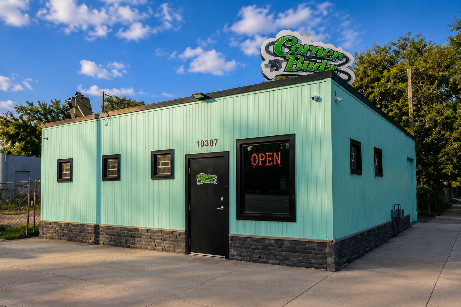 The Corner Budz storefront at 10307 W Jefferson Ave — a mint green corner building with a neon OPEN sign in the window.
